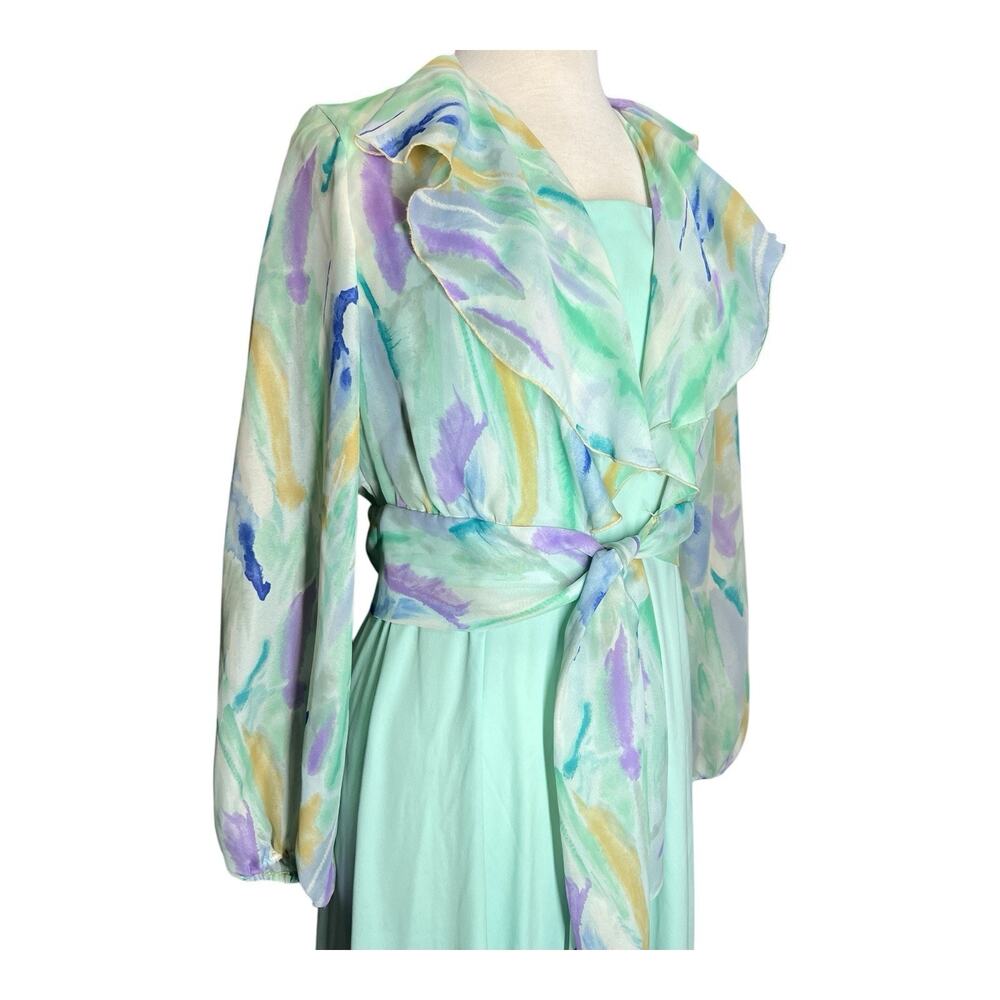 VTG 70s Watercolor Babydoll Maxi Dress Ruffled Bolero Jacket Shrug Fairy Coquett